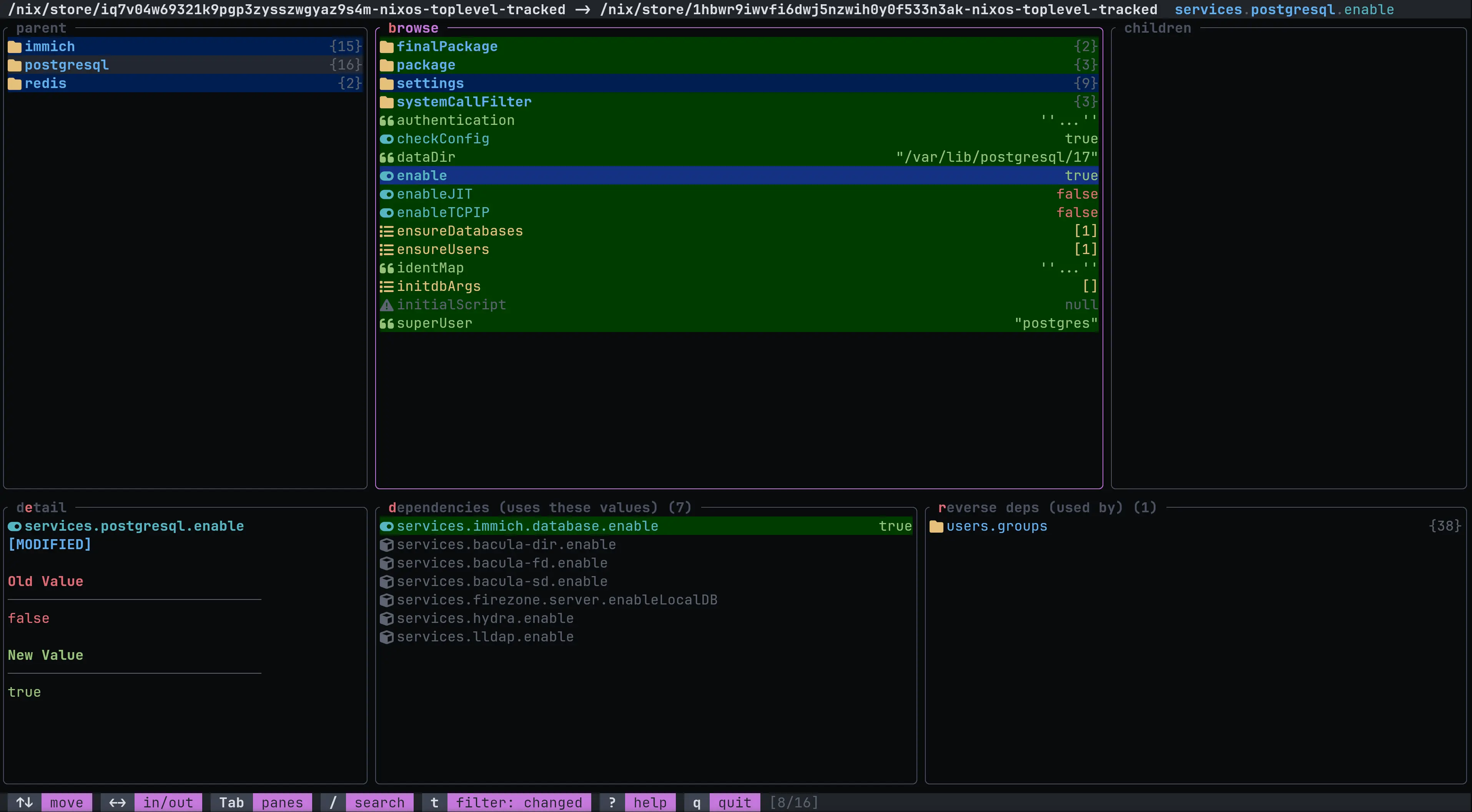 A TUI showing the diff between two configurations, focusing on services.postgresql.enable