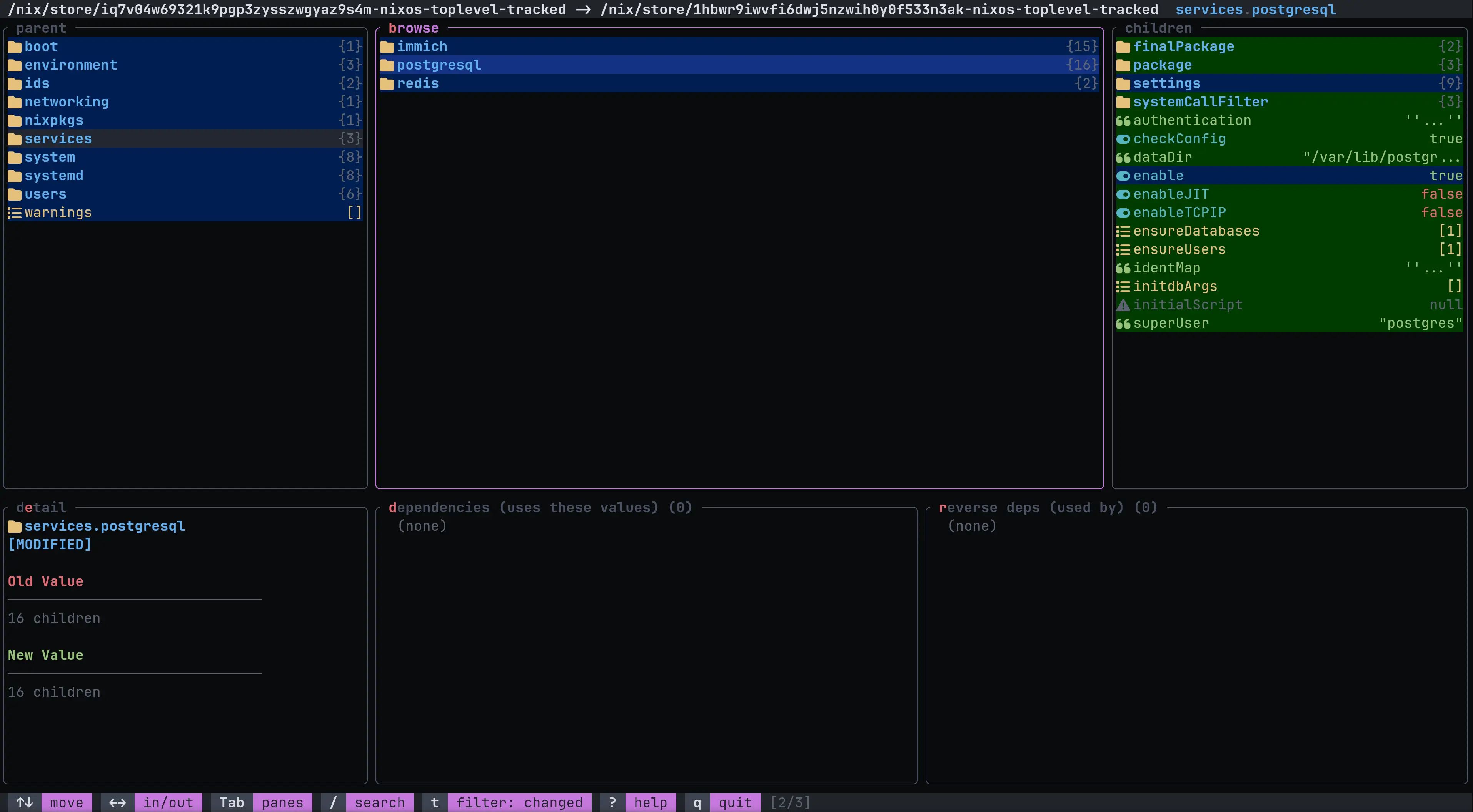 A TUI showing the diff between two configurations