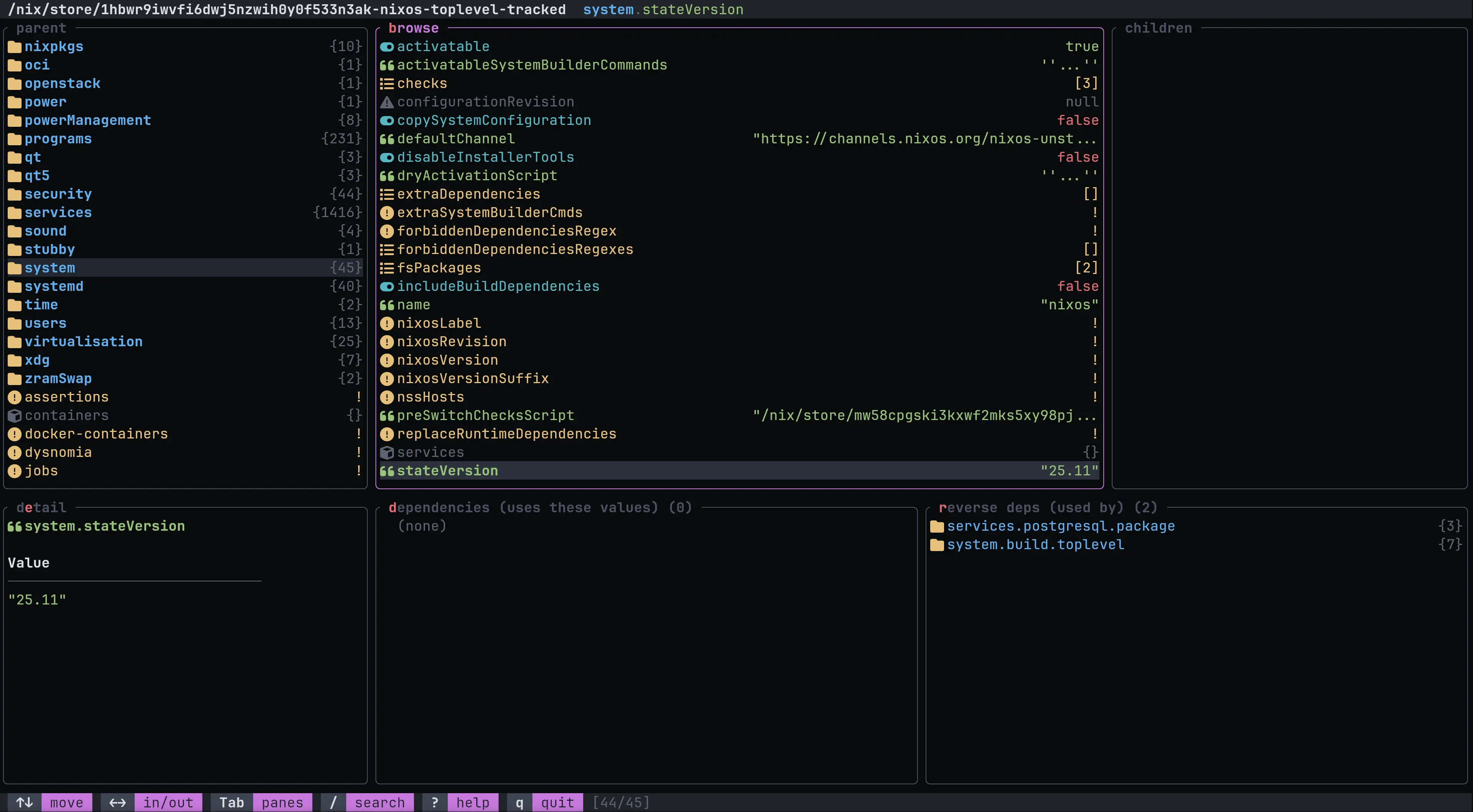 A TUI showing system.stateVersion of the same NixOS configuration but with immich enabled