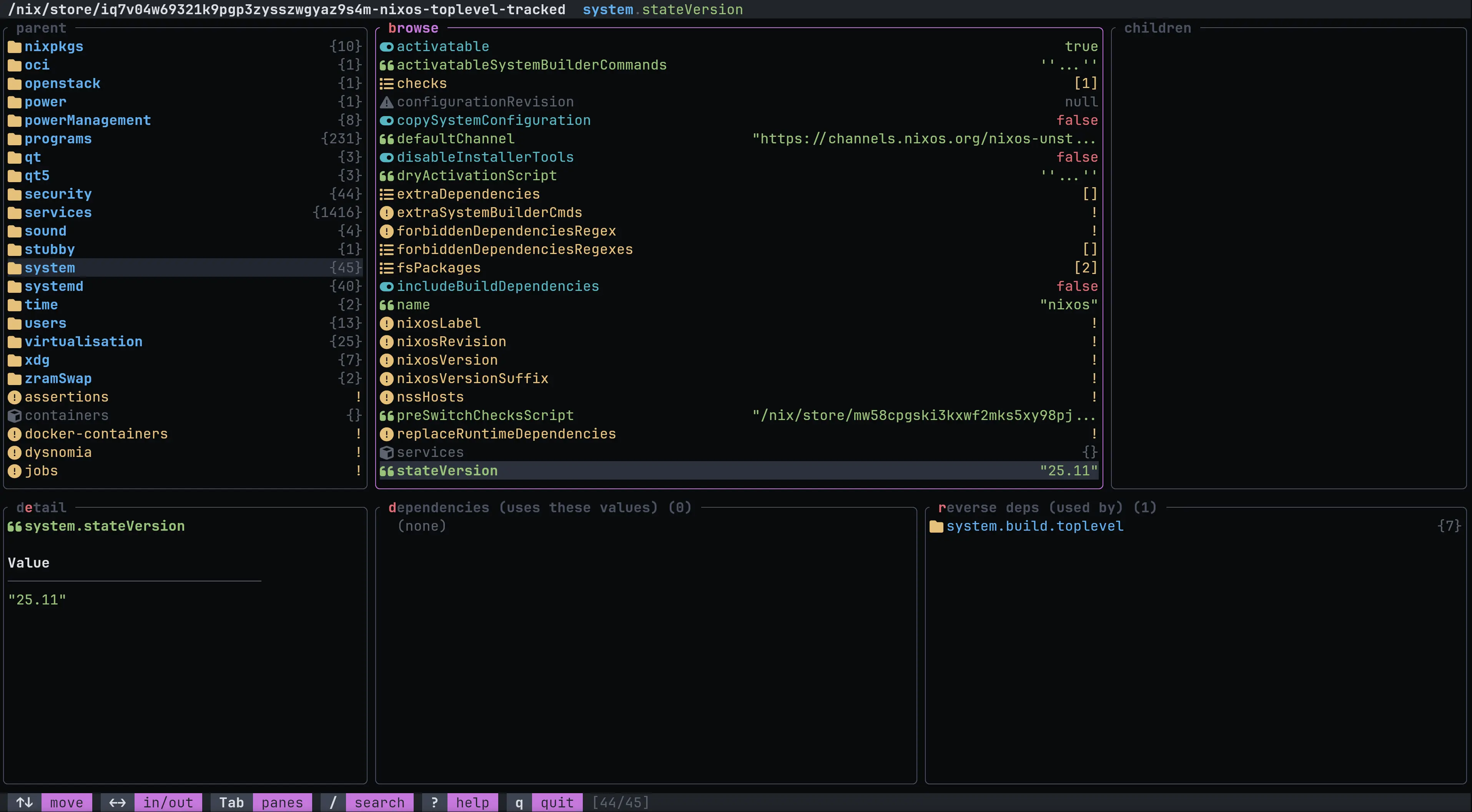 A TUI showing an explorable and structured view of a NixOS configuration, including option dependencies and dependents